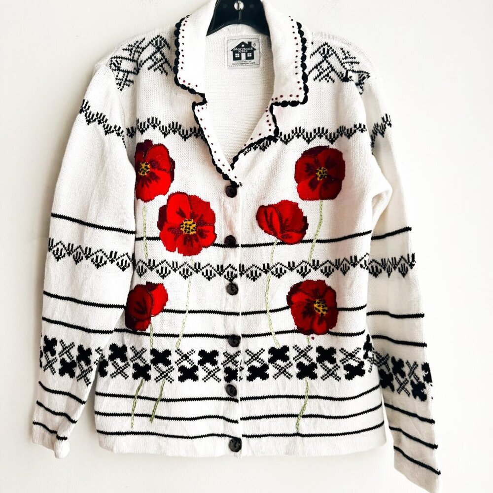 Vintage Storybook Knits Floral Poppy Beaded Cardigan M - Picture 2 of 8